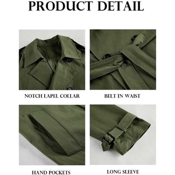 Women's Double Breasted Long Trench Coat Windproof Classic Lapel Slim - Picture 6 of 6